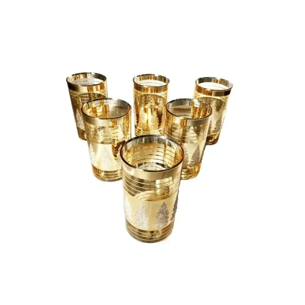 Vintage 1970s Gold Striped Christmas Glasses- Set of 6